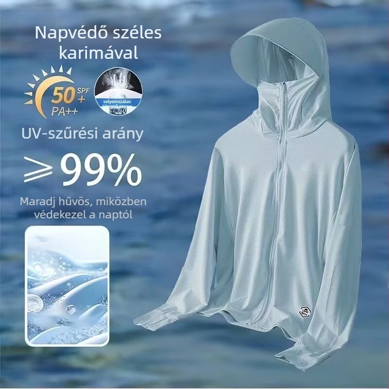 Nyári napsugárvédő kapucnis kabát — légáteresztő poliészter keverék, vékony anyag, cipzár, háromdimenziós patch zsebek
