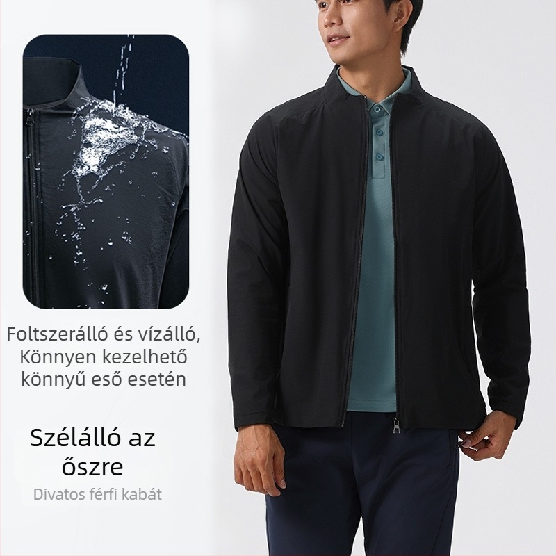 Férfi vízálló, dupla rétegű dzseki, álló gallér, hosszú ujjú, szövött anyag
