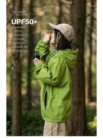 Kapucnis fényvédő dzseki, poliészter keverék, cipzár, oldalsó zsebek