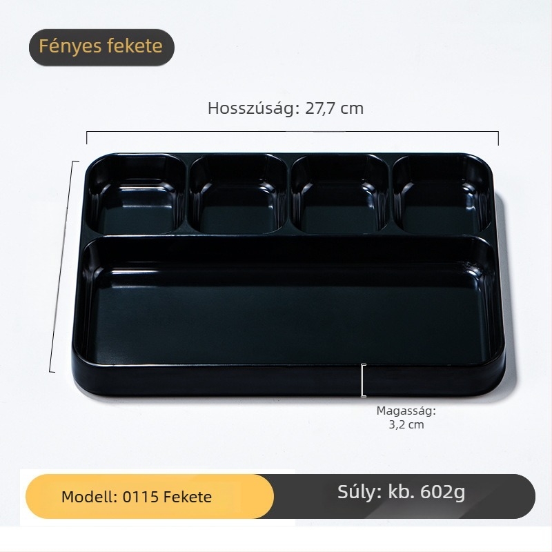 Kimmeli márkájú melamin grill-dip tál, négyzetes, 3–4 rekesz, logó nyomtatva, testreszabás elérhető, underglaze felület, modern minimalista stílus