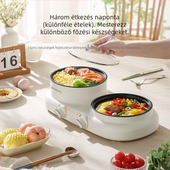 Mindent egyben elektromos melegítő edény, 600 W, 2 L kapacitás, funkciók: gőzölés, sütés, főzés, párolás; műanyag test; szárazfutás elleni funkció