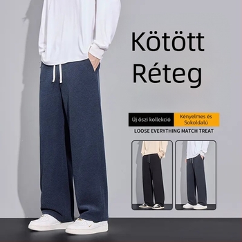 Férfi kötött kockás nadrág ősz-télre, pamutból, magas deréksz, egyenes szabású, hosszú