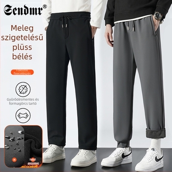 Középkorú férfiak kényelmes, egyenes szabású nadrág fleece-béléssel, tél 2025.
