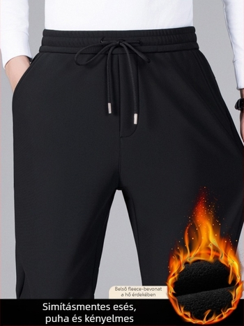 Férfi téli fleece-béléssel ellátott egyenes szabású nadrág, övvel, mindennapi üzleti viselet középkorú férfiak számára, rugalmas szövet