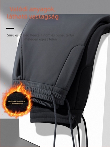 Férfi téli fleece-béléssel ellátott egyenes szabású nadrág, övvel, mindennapi üzleti viselet középkorú férfiak számára, rugalmas szövet