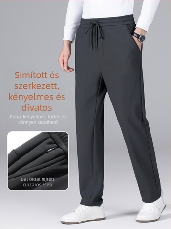 Férfi téli fleece-béléssel ellátott egyenes szabású nadrág, övvel, mindennapi üzleti viselet középkorú férfiak számára, rugalmas szövet