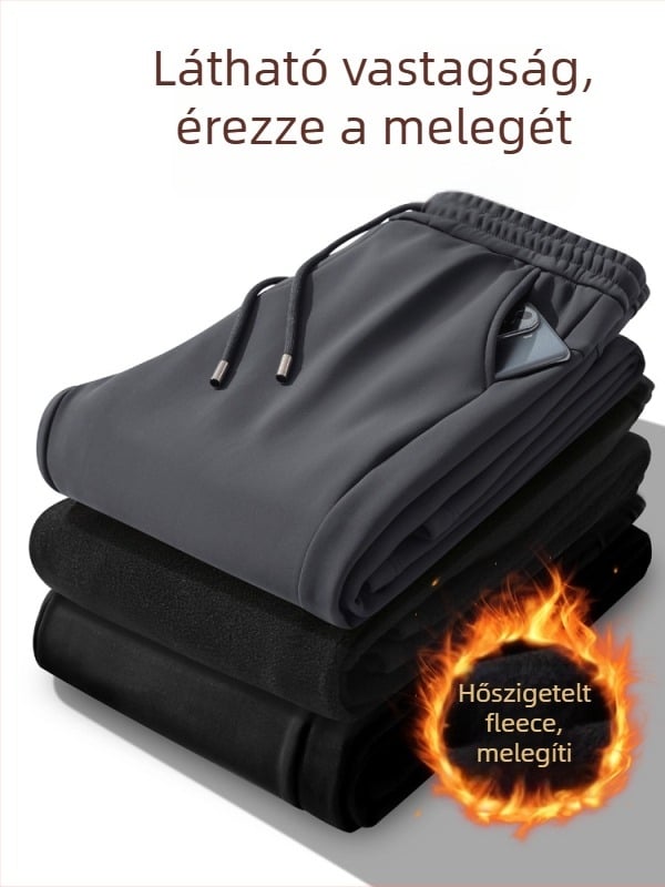 Férfi téli fleece-béléssel ellátott egyenes szabású nadrág, övvel, mindennapi üzleti viselet középkorú férfiak számára, rugalmas szövet