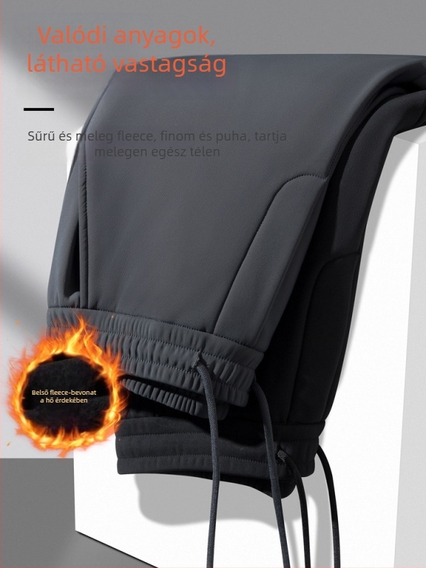 Férfi téli fleece-béléssel ellátott egyenes szabású nadrág, övvel, mindennapi üzleti viselet középkorú férfiak számára, rugalmas szövet