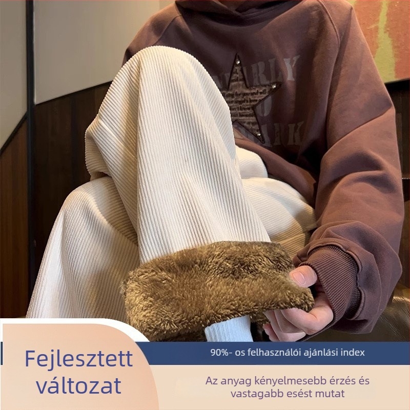 Corduroy nadrág fleece-béléssel, egyenes szabás, középső derék, tinédzsereknek, koreai stílus, téli viselet