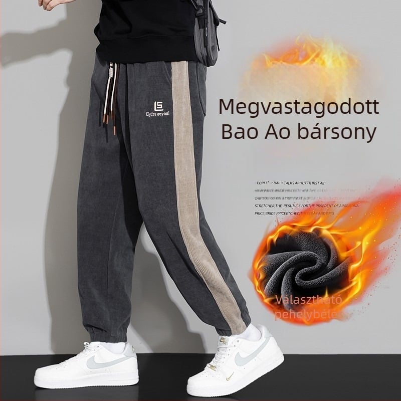 Corduroy bélelt munkanadrág fleece-sel, csíkos mintával, középmagas derék, egyenes szabás