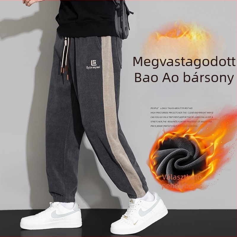 Corduroy bélelt munkanadrág fleece-sel, csíkos mintával, középmagas derék, egyenes szabás