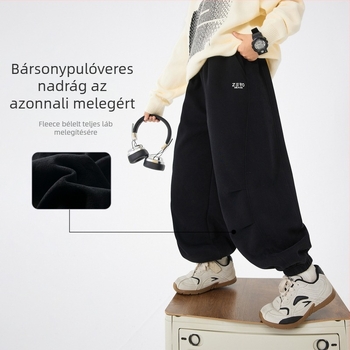 Fiúknak téli melegítőnadrág belső fleece bevonattal, 52% pamut, középső deréktáji elasztikus pánttal, puha kezelt szövet, 2025 téli kiadás