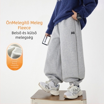 Koreai stílusú fiúknak készült melegítőnadrág fleece-béléssel, téli 2025, 63% pamut, középmagas derekú, elasztikus derék, betűs minta