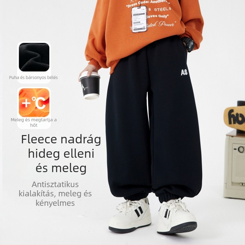 Koreai stílusú fiúknak készült melegítőnadrág fleece-béléssel, téli 2025, 63% pamut, középmagas derekú, elasztikus derék, betűs minta