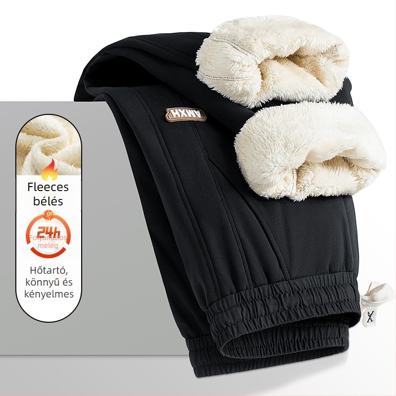 Férfi téli fleece-bevonatú sportos casual nadrág, magas derekú, egyenes szabású, húzózsinórral zárható