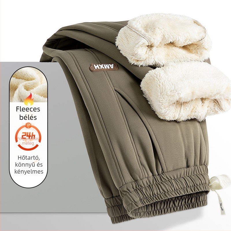Férfi téli fleece-bevonatú sportos casual nadrág, magas derekú, egyenes szabású, húzózsinórral zárható
