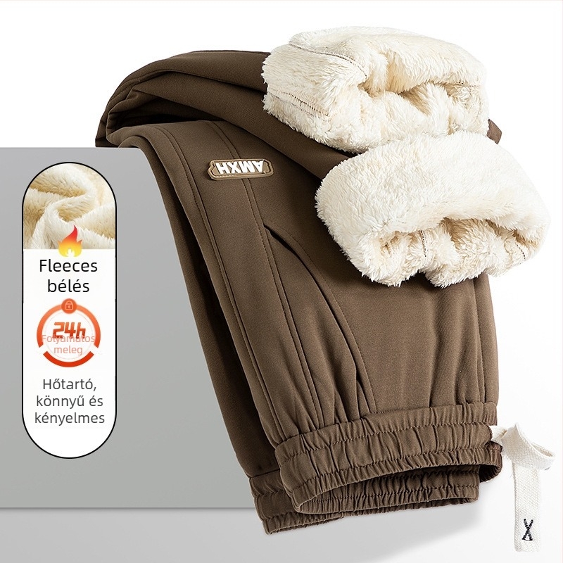 Férfi téli fleece-bevonatú sportos casual nadrág, magas derekú, egyenes szabású, húzózsinórral zárható