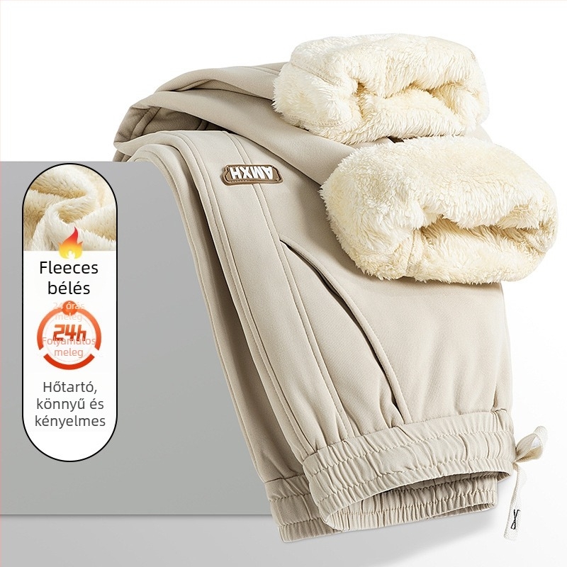 Férfi téli fleece-bevonatú sportos casual nadrág, magas derekú, egyenes szabású, húzózsinórral zárható