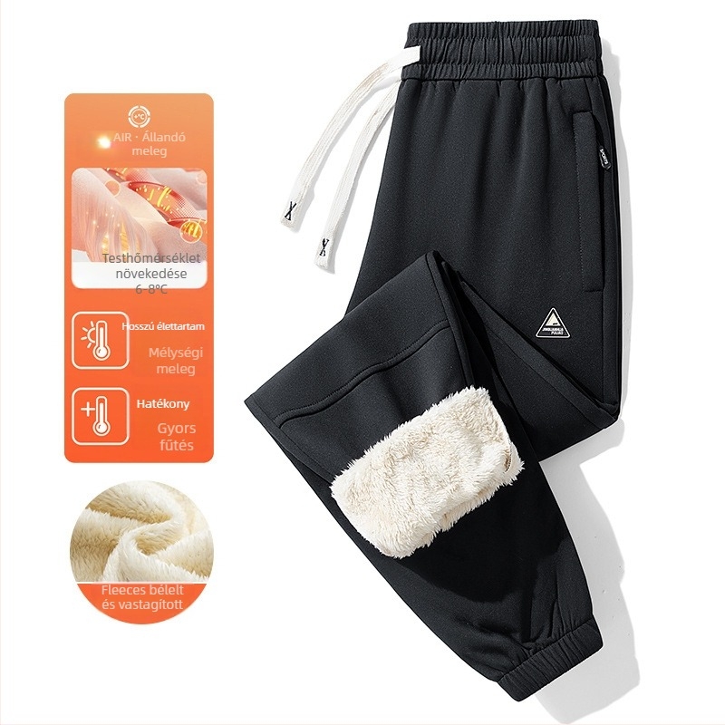 Férfi téli fleece-bevonatú sportos casual nadrág, magas derekú, egyenes szabású, húzózsinórral zárható