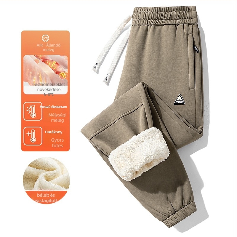 Férfi téli fleece-bevonatú sportos casual nadrág, magas derekú, egyenes szabású, húzózsinórral zárható