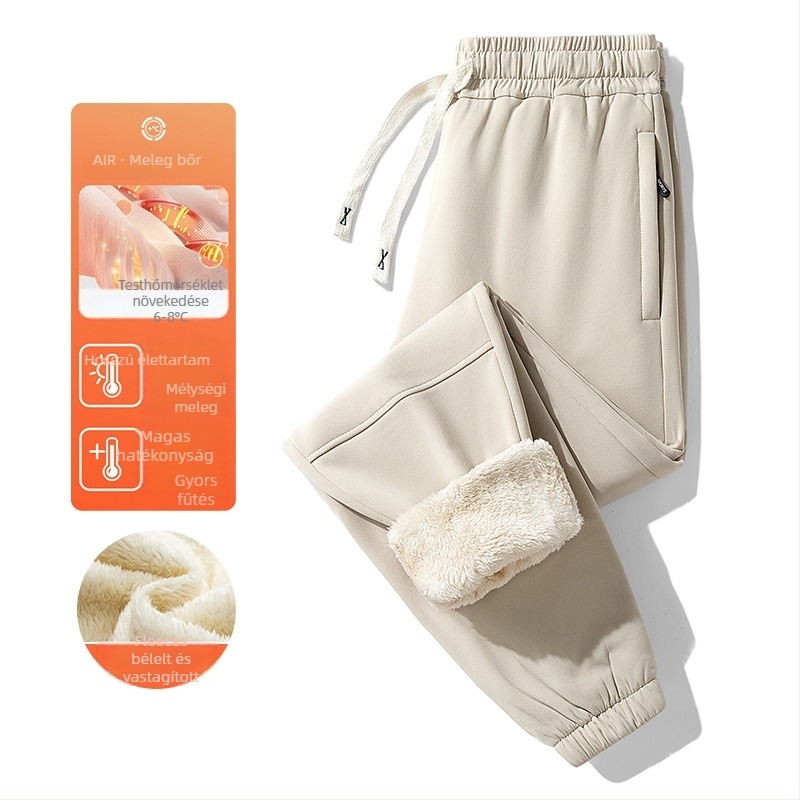 Férfi téli fleece-bevonatú sportos casual nadrág, magas derekú, egyenes szabású, húzózsinórral zárható