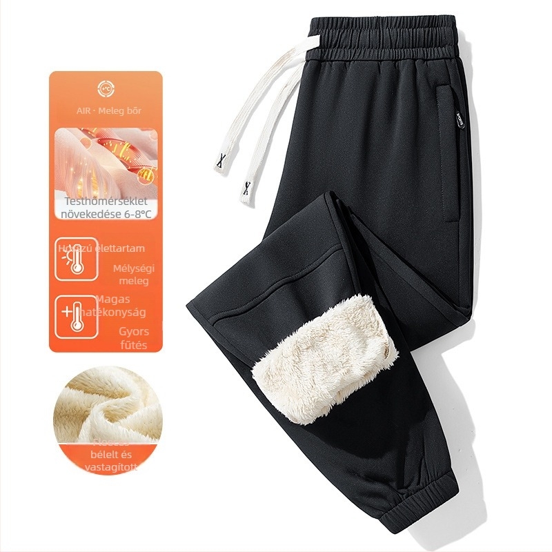 Férfi téli fleece-bevonatú sportos casual nadrág, magas derekú, egyenes szabású, húzózsinórral zárható