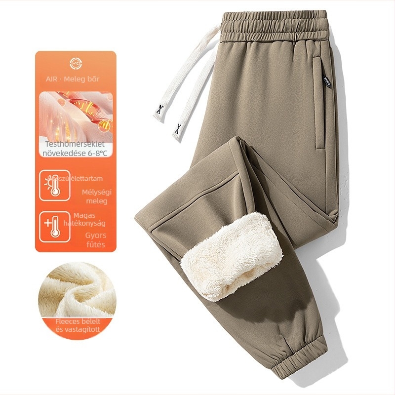 Férfi téli fleece-bevonatú sportos casual nadrág, magas derekú, egyenes szabású, húzózsinórral zárható