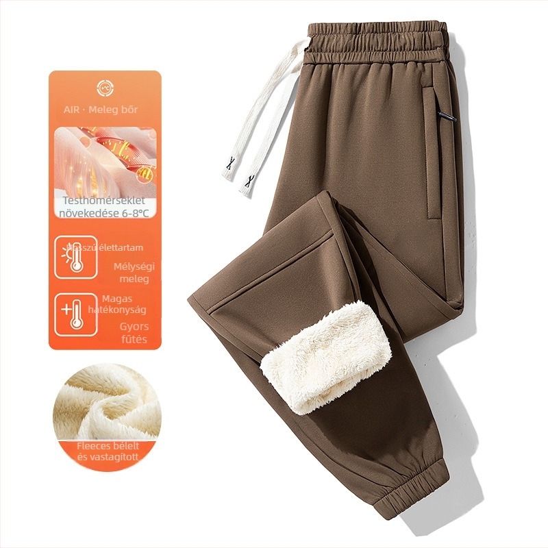 Férfi téli fleece-bevonatú sportos casual nadrág, magas derekú, egyenes szabású, húzózsinórral zárható