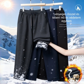 Férfi szélálló fleece-béléses sportnadrág, egyenes szabású, középső derekú, egyszínű, téli fazon