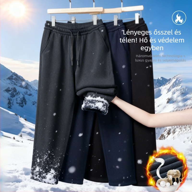 Férfi szélálló fleece-béléses sportnadrág, egyenes szabású, középső derekú, egyszínű, téli fazon