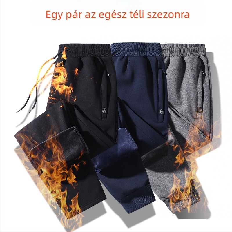 Férfi koreai stílusú fleece-belelt sportnadrág, lazán szabott, középmagas derekú, pamut-keverék (95% pamut, 5% spandex)