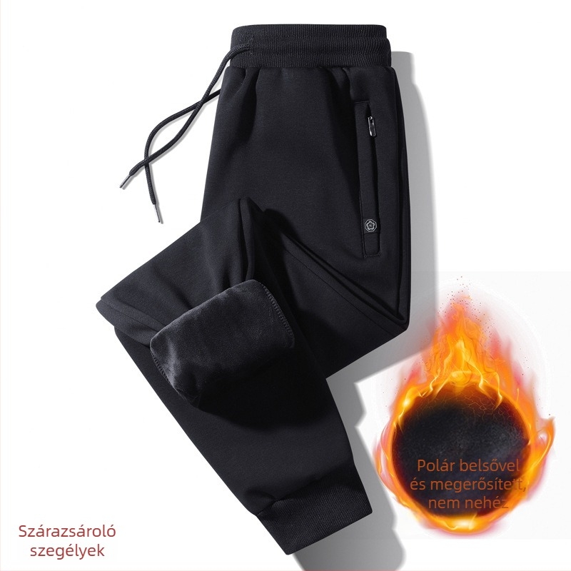 Férfi koreai stílusú fleece-belelt sportnadrág, lazán szabott, középmagas derekú, pamut-keverék (95% pamut, 5% spandex)