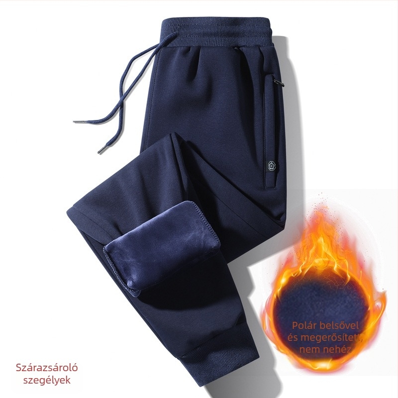 Férfi koreai stílusú fleece-belelt sportnadrág, lazán szabott, középmagas derekú, pamut-keverék (95% pamut, 5% spandex)