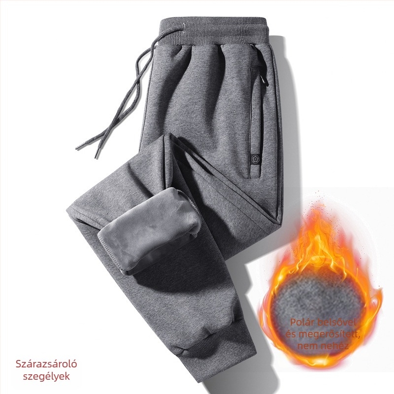 Férfi koreai stílusú fleece-belelt sportnadrág, lazán szabott, középmagas derekú, pamut-keverék (95% pamut, 5% spandex)
