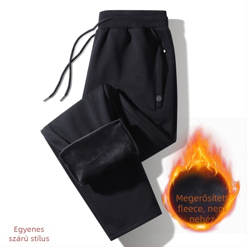 Férfi koreai stílusú fleece-belelt sportnadrág, lazán szabott, középmagas derekú, pamut-keverék (95% pamut, 5% spandex)