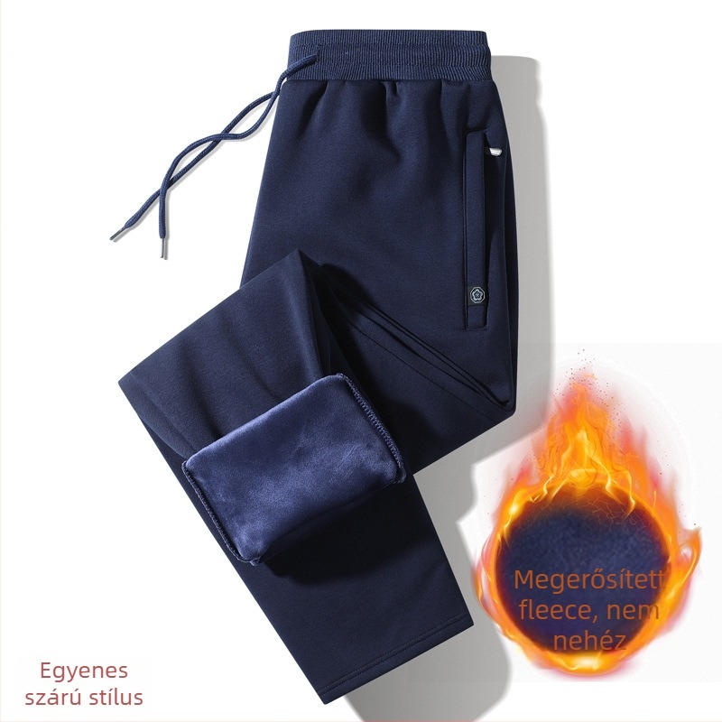 Férfi koreai stílusú fleece-belelt sportnadrág, lazán szabott, középmagas derekú, pamut-keverék (95% pamut, 5% spandex)