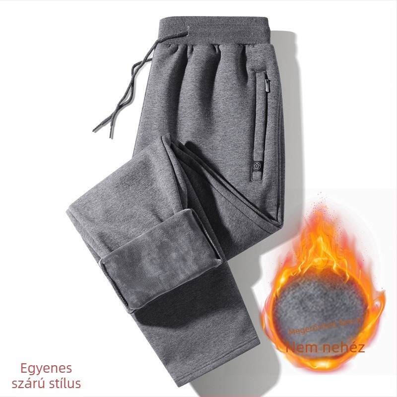 Férfi koreai stílusú fleece-belelt sportnadrág, lazán szabott, középmagas derekú, pamut-keverék (95% pamut, 5% spandex)