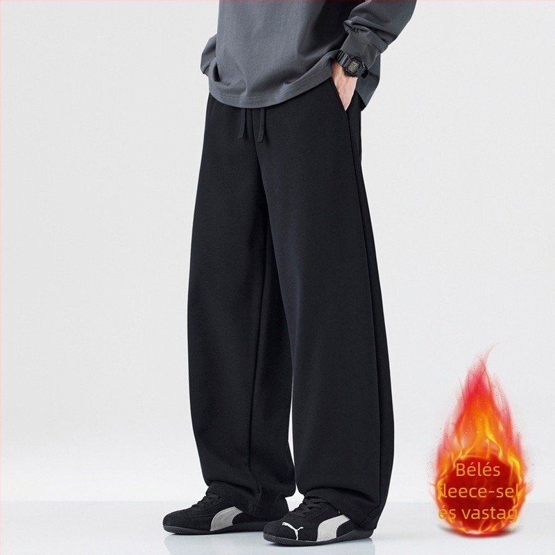Férfi fleece-lével bélelt egyenes szabású melegítőnadrág, egyszínű, pamut-poliészter keverék 61,2% pamut/38,8% poliészter, középmagas derekú, őszi 2025