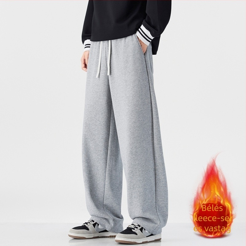 Férfi fleece-lével bélelt egyenes szabású melegítőnadrág, egyszínű, pamut-poliészter keverék 61,2% pamut/38,8% poliészter, középmagas derekú, őszi 2025