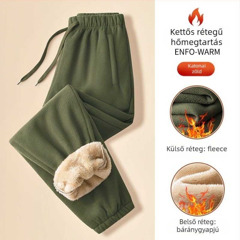 Férfi sportos casual nadrág fleece-béléssel, egyenes szabás, középmagas derék, húzózsinóros zárás, 100% poliészter, egyszínű, téli viselet