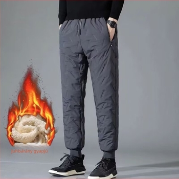 Férfi casual nadrág egyenes szabású, fleece bélésű, pamutból, egyszínű, középmagas derék, övvel és kötős zárással, téli