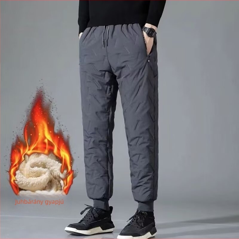 Férfi casual nadrág egyenes szabású, fleece bélésű, pamutból, egyszínű, középmagas derék, övvel és kötős zárással, téli
