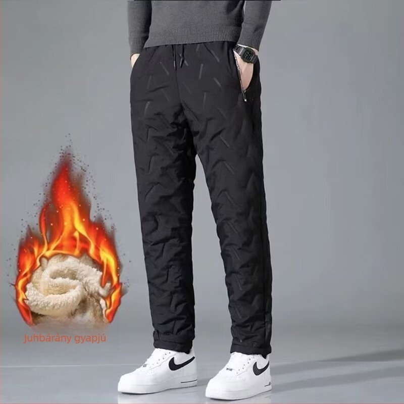 Férfi casual nadrág egyenes szabású, fleece bélésű, pamutból, egyszínű, középmagas derék, övvel és kötős zárással, téli