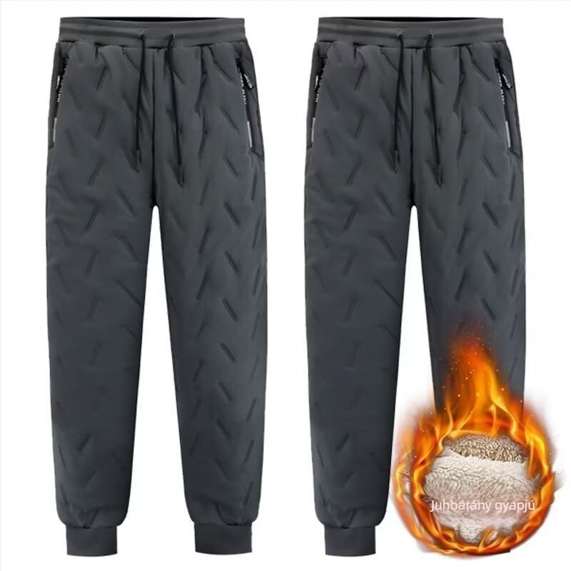 Férfi casual nadrág egyenes szabású, fleece bélésű, pamutból, egyszínű, középmagas derék, övvel és kötős zárással, téli