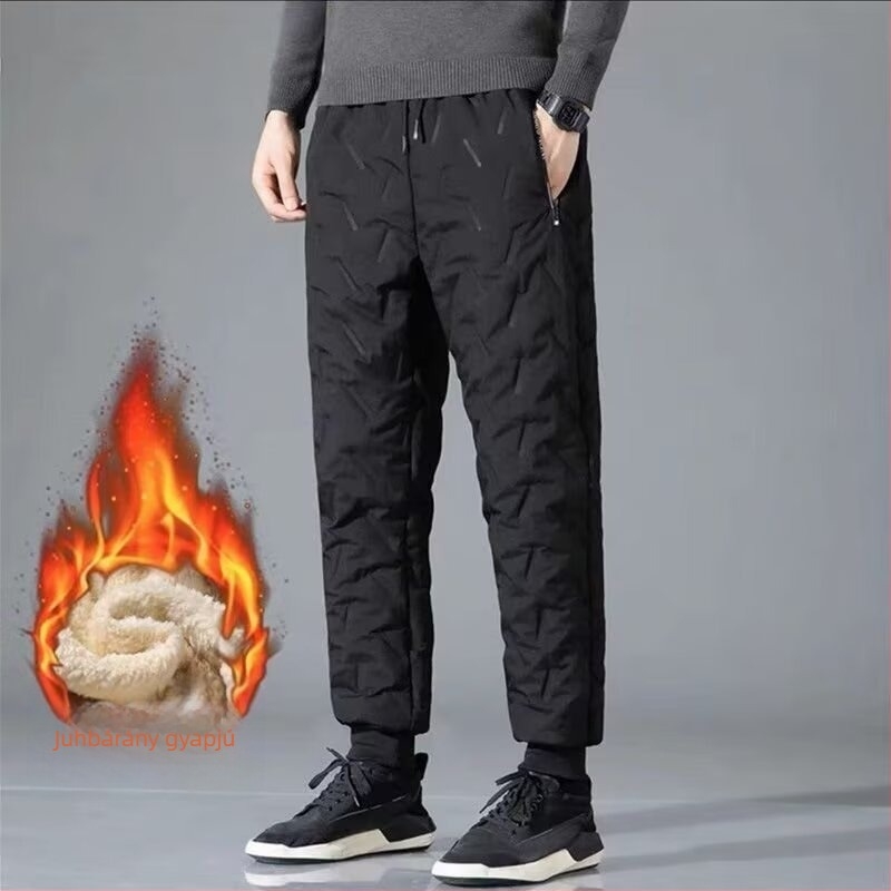 Férfi casual nadrág egyenes szabású, fleece bélésű, pamutból, egyszínű, középmagas derék, övvel és kötős zárással, téli