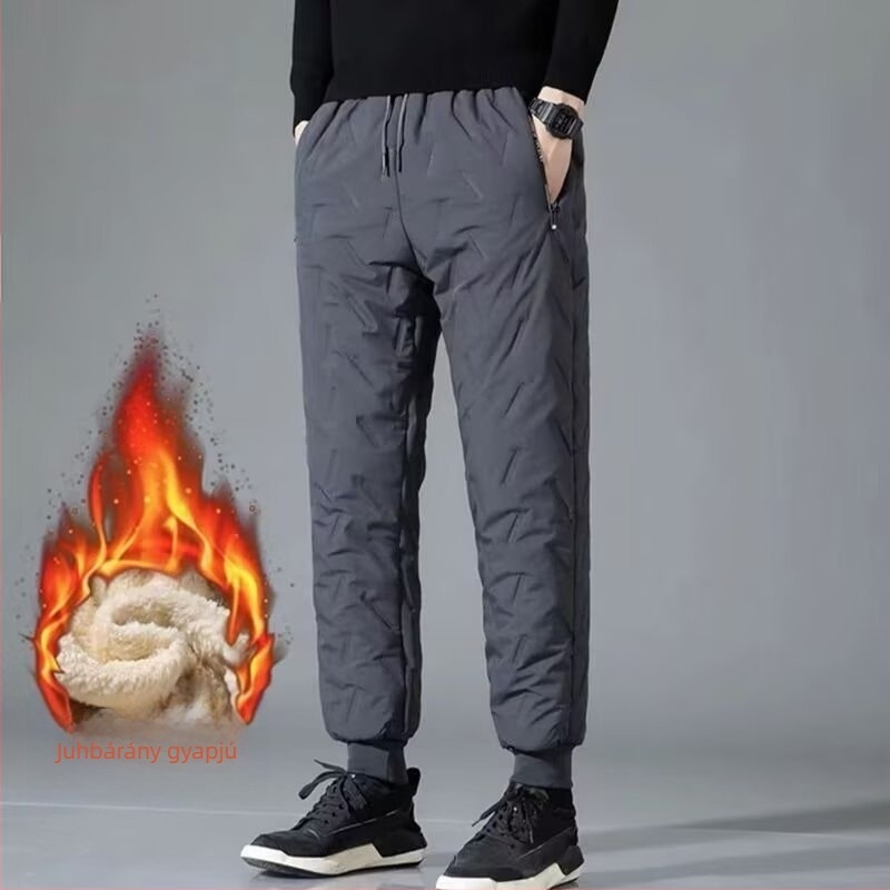 Férfi casual nadrág egyenes szabású, fleece bélésű, pamutból, egyszínű, középmagas derék, övvel és kötős zárással, téli