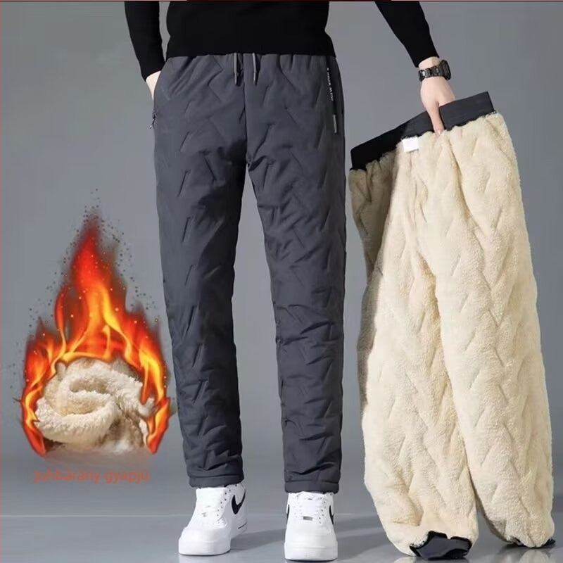 Férfi casual nadrág egyenes szabású, fleece bélésű, pamutból, egyszínű, középmagas derék, övvel és kötős zárással, téli