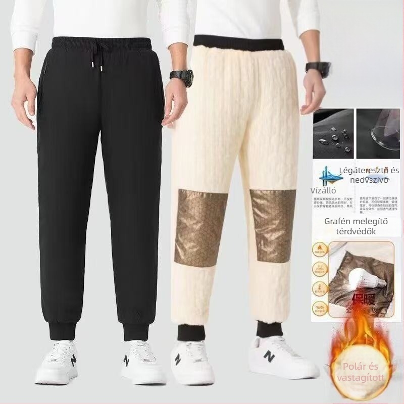 Férfi téli sportnadrág fleece-béléssel, szabad szabású, középmagas derék, húzózsinór zárás, poliészter anyag