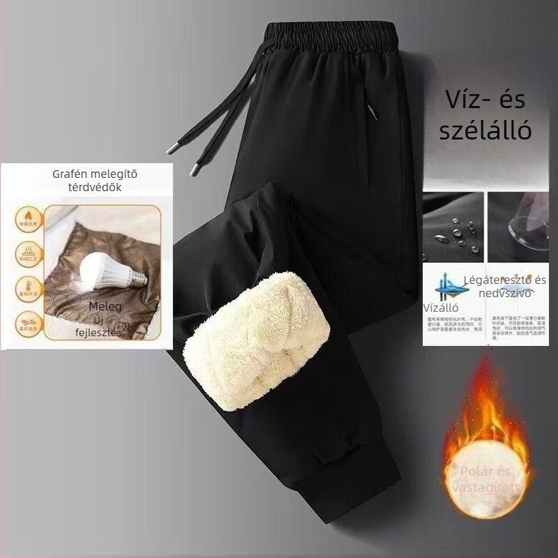 Férfi téli sportnadrág fleece-béléssel, szabad szabású, középmagas derék, húzózsinór zárás, poliészter anyag