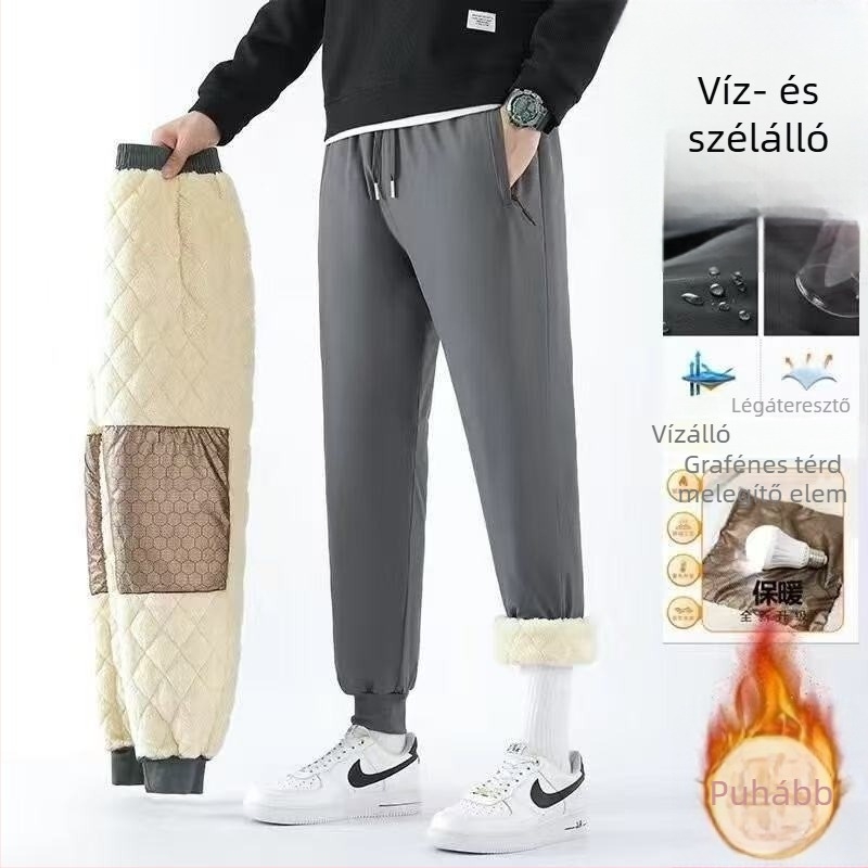 Férfi téli sportnadrág fleece-béléssel, szabad szabású, középmagas derék, húzózsinór zárás, poliészter anyag